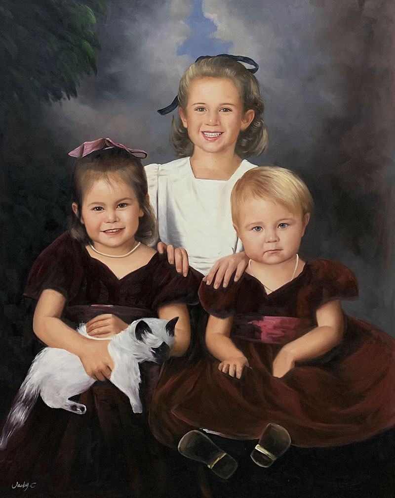 Beautiful handmade oil painting of three girls and a cat