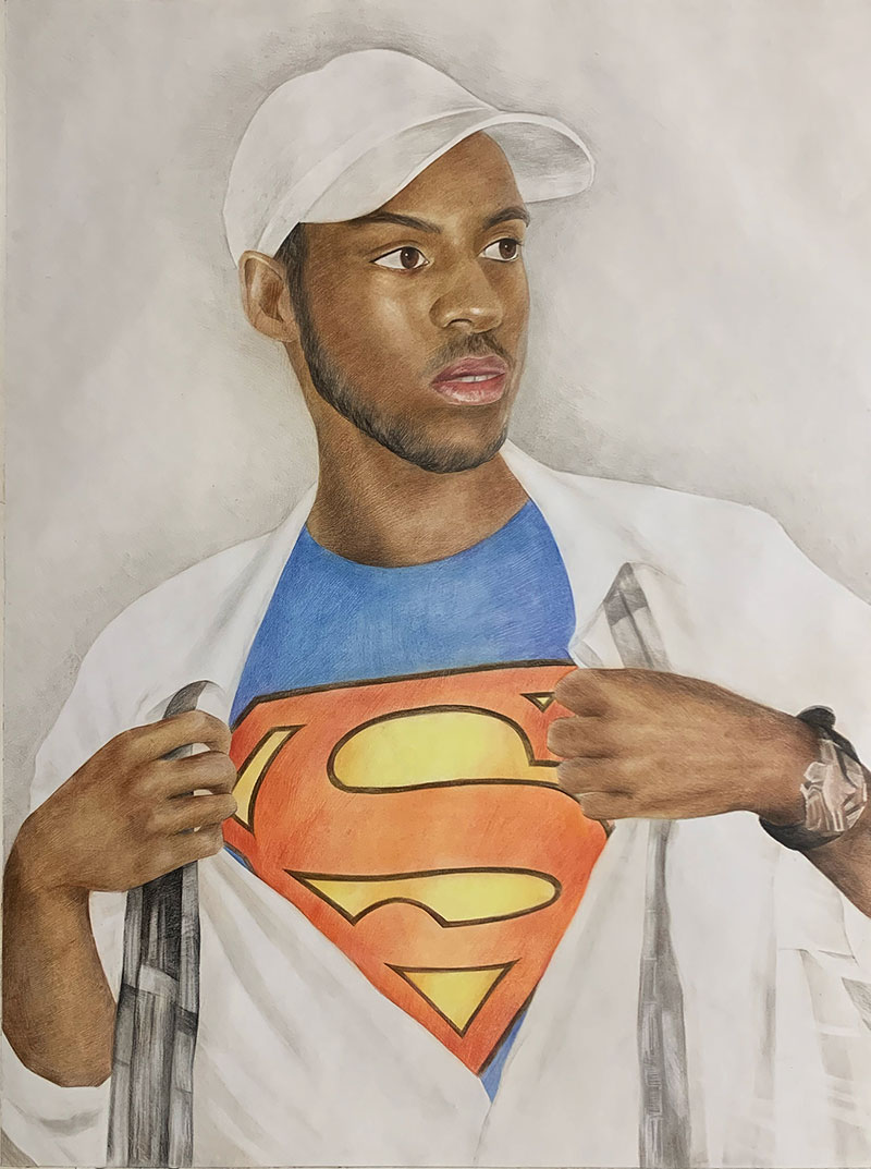 Custom color pencil drawing of an adult with a white cap