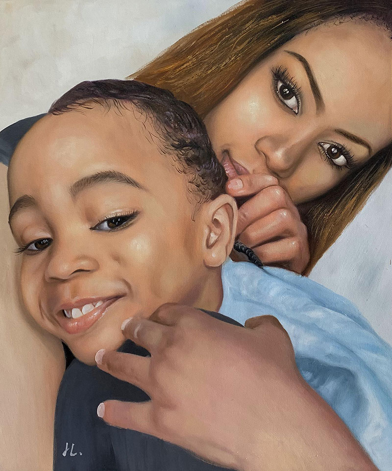Hyper realistic close up oil painting of a mother and son
