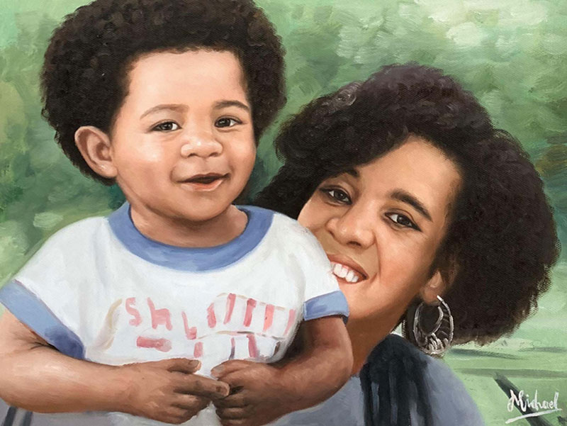 Beautiful handmade oil painting of a mother and son