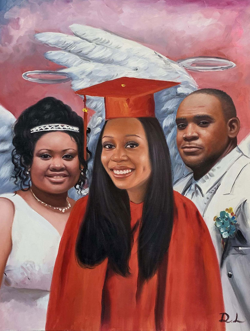 Gorgeous memorial painting of parents with daughter 