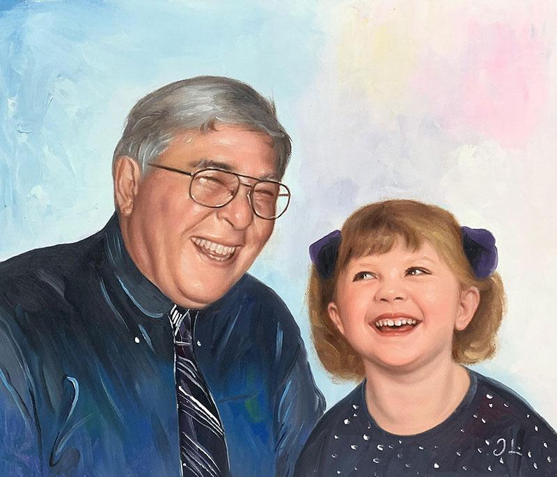 Custom handmade oil painting of a grandfather and grandchild
