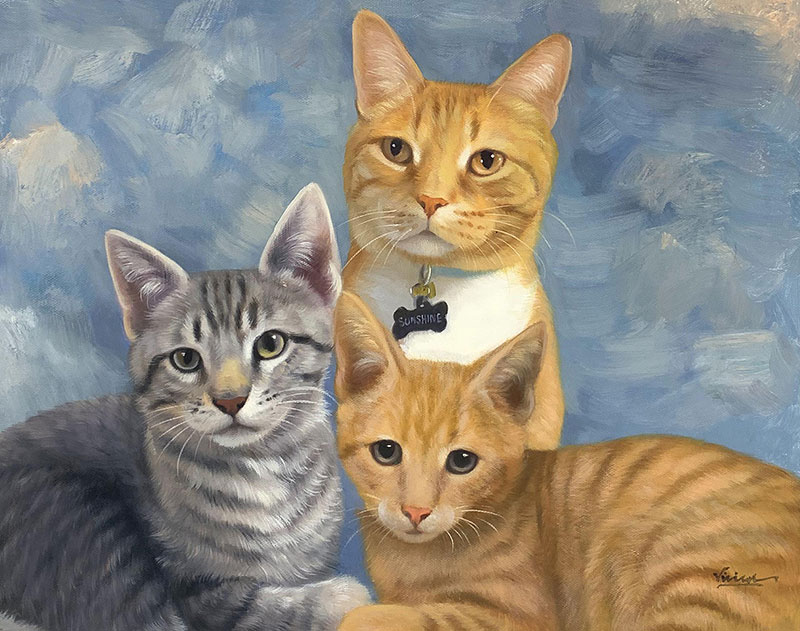 Beautiful acrylic painting of three cats