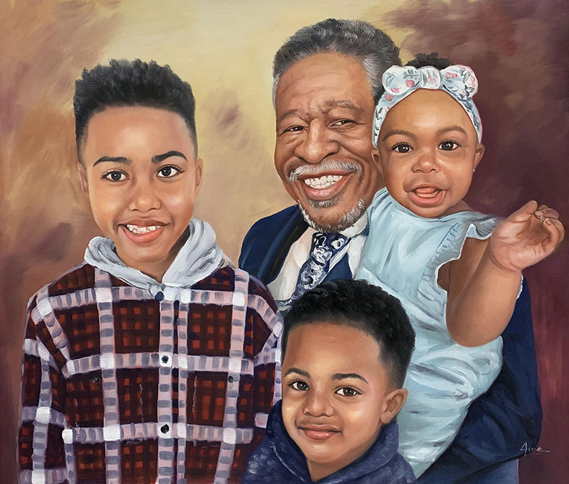 Custom oil painting of a grandfather with three grandkids