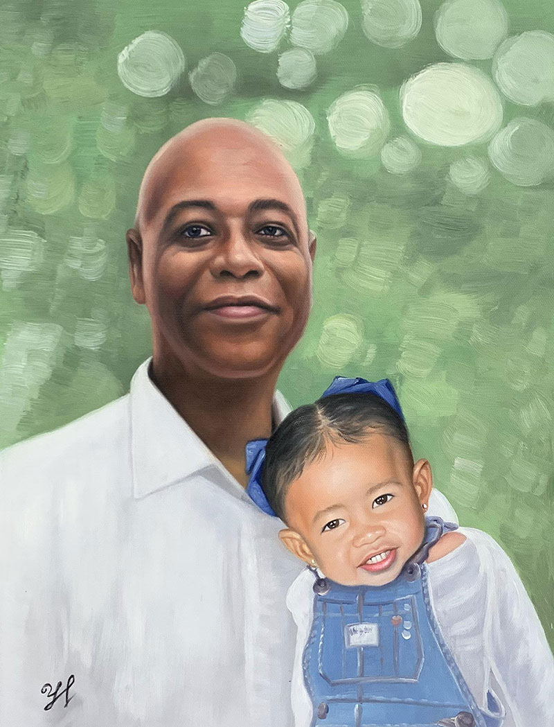 Custom handmade oil painting of a grandfather and a grandkid