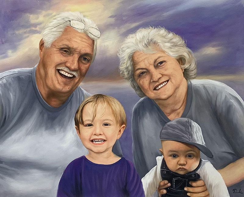 Beautiful oil painting of grandparent and grandchildren