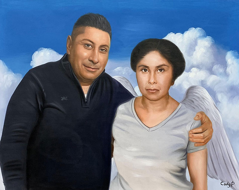 Painting of a man and woman, the woman with angel wings, against a cloudy sky.
