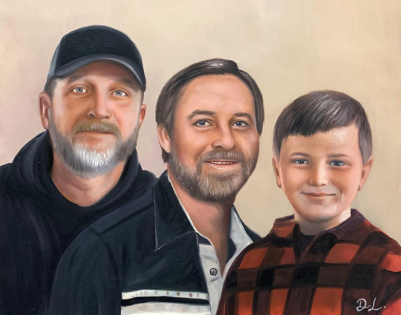 Painted portrait of three men: two adults and a boy.