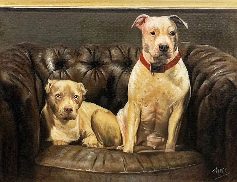Custom handmade oil painting of two dogs