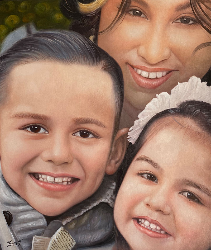 Beautiful close up oil painting of a mother and children