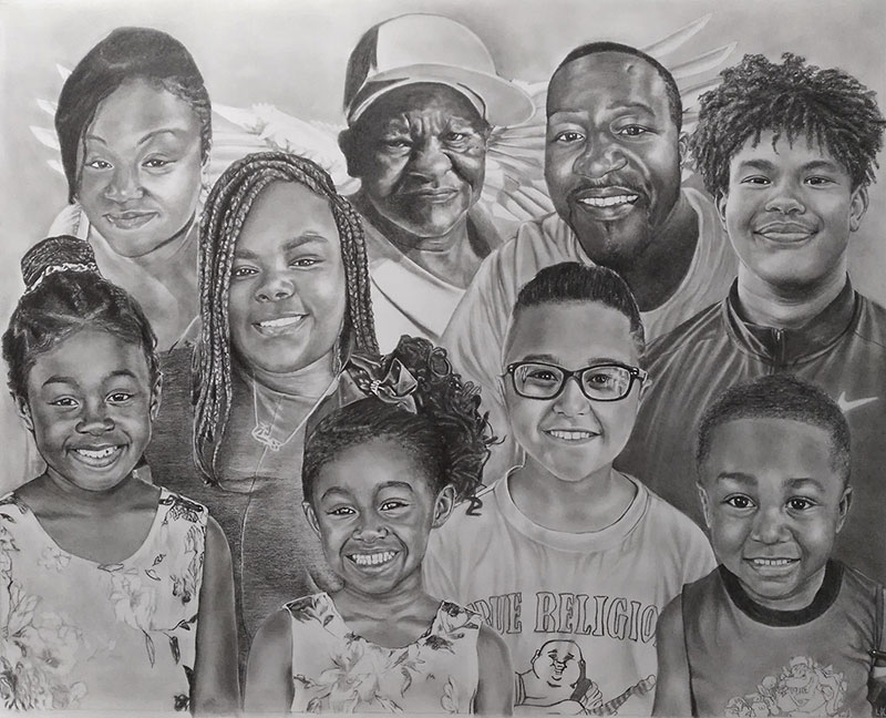 Beautiful black pencil drawing of a family