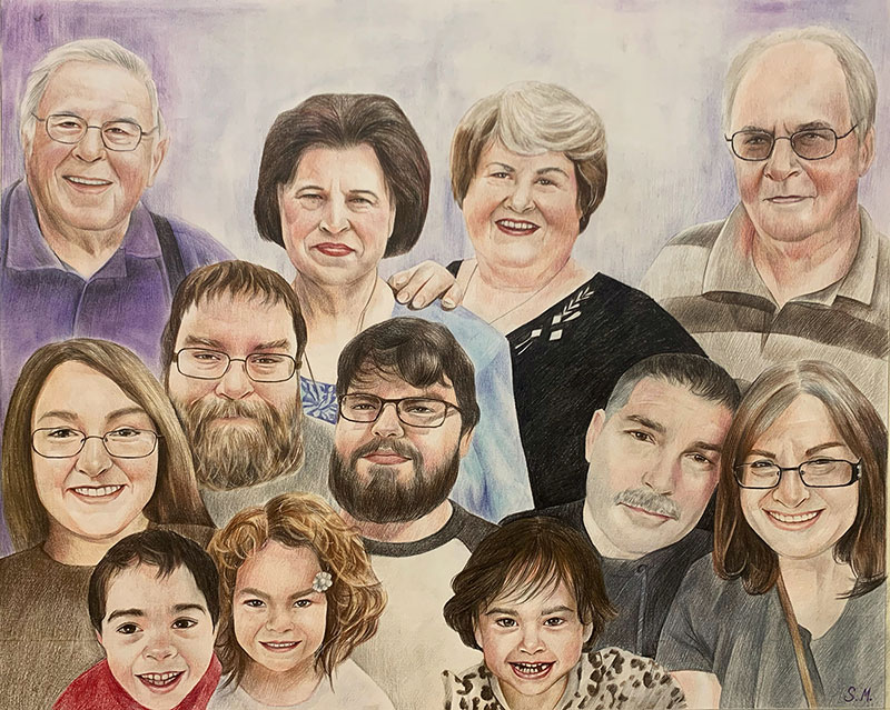 Gorgeous color pencil drawing of a family