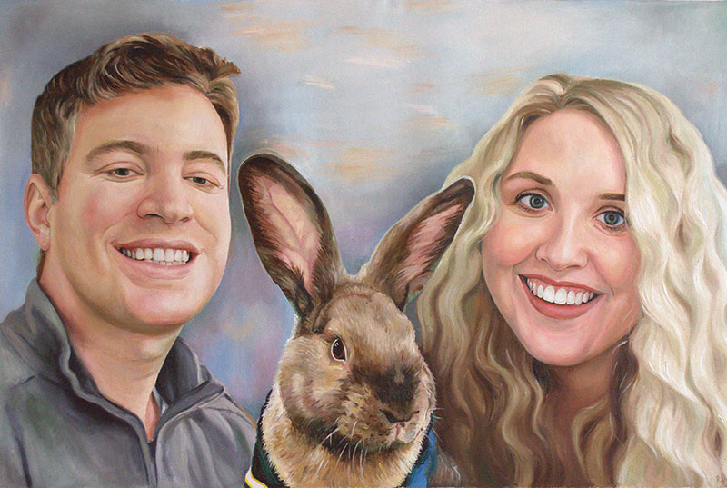 Custom handmade oil painting of a couple and a rabbit
