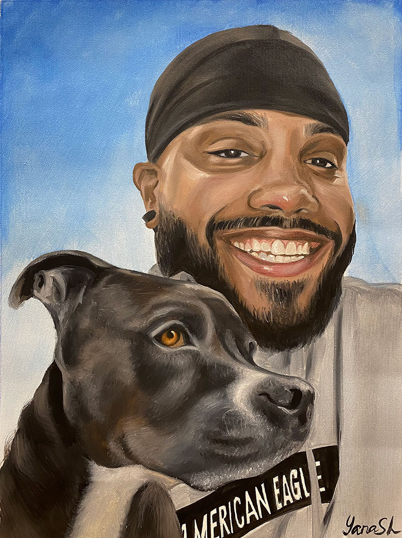 Custom close up oil painting of an adult with a dog