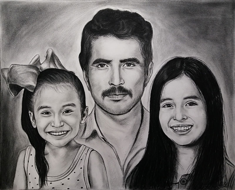 Custom handmade charcoal drawing of grandfather and children