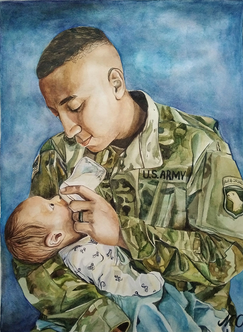 Gorgeous watercolor painting of father holding a baby