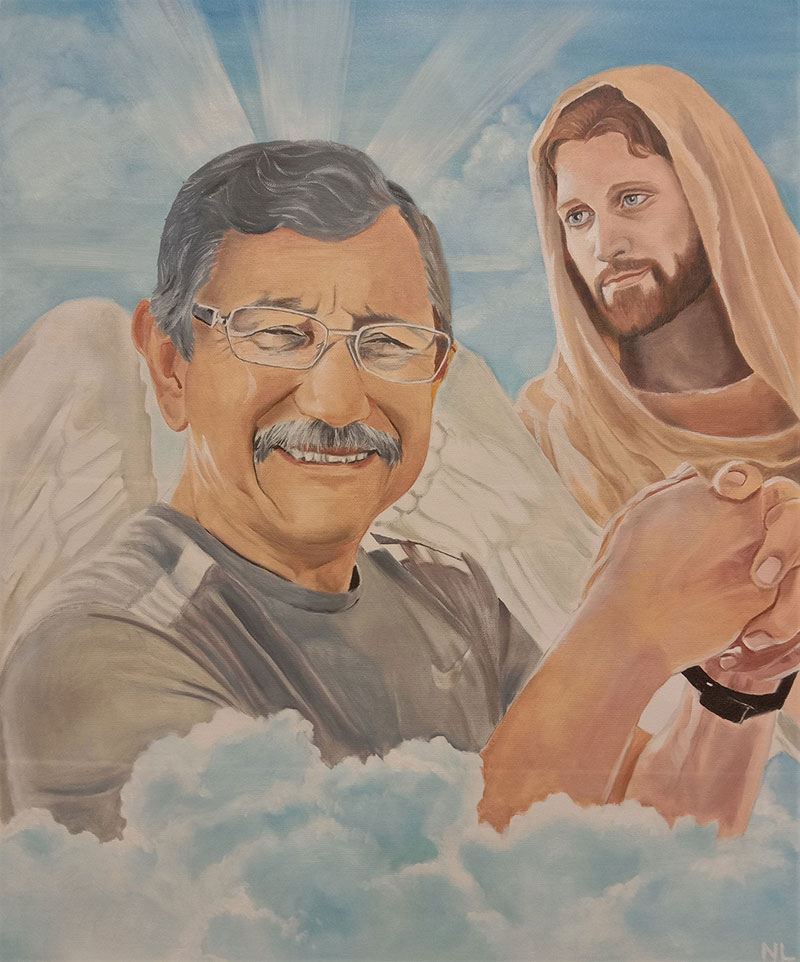 Custom handmade oil painting of a elder man in heaven