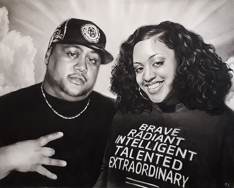Black and white charcoal portrait of a man and woman.