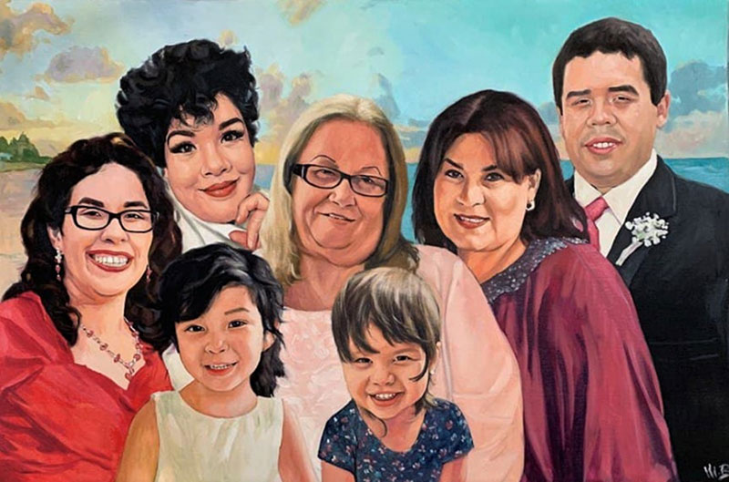 Family portrait painting of seven people, including two young girls, against a beach background.