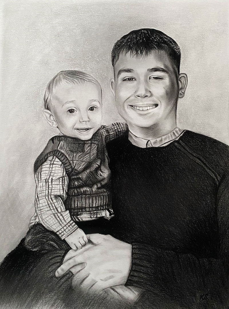 Custom handmade charcoal drawing of a father and son