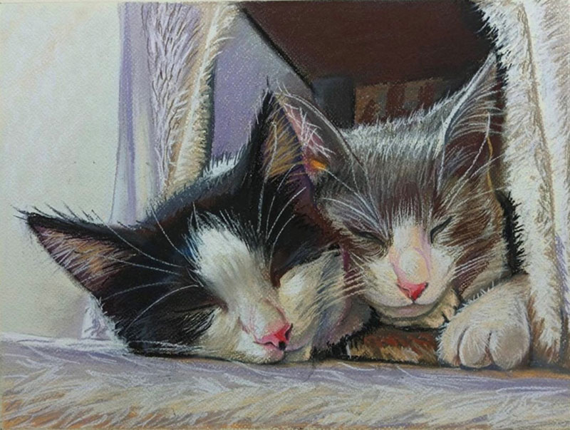 Beautiful handmade pastel painting of two cats