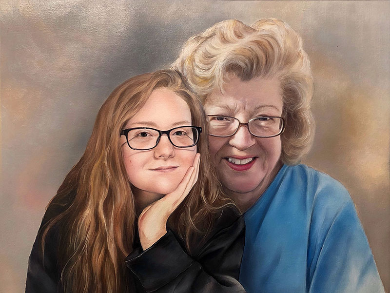Custom handmade oil portrait of a grandmother and grandchild