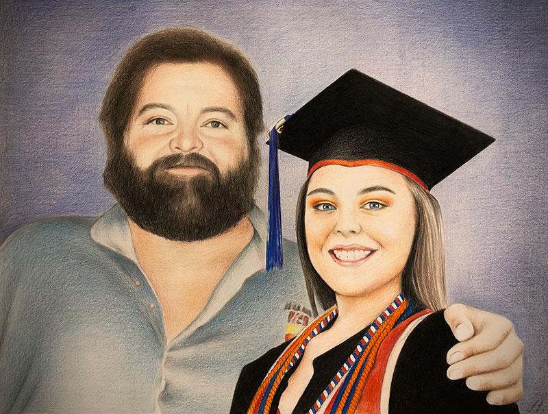 Handmade color pencil drawing of a father and daughter