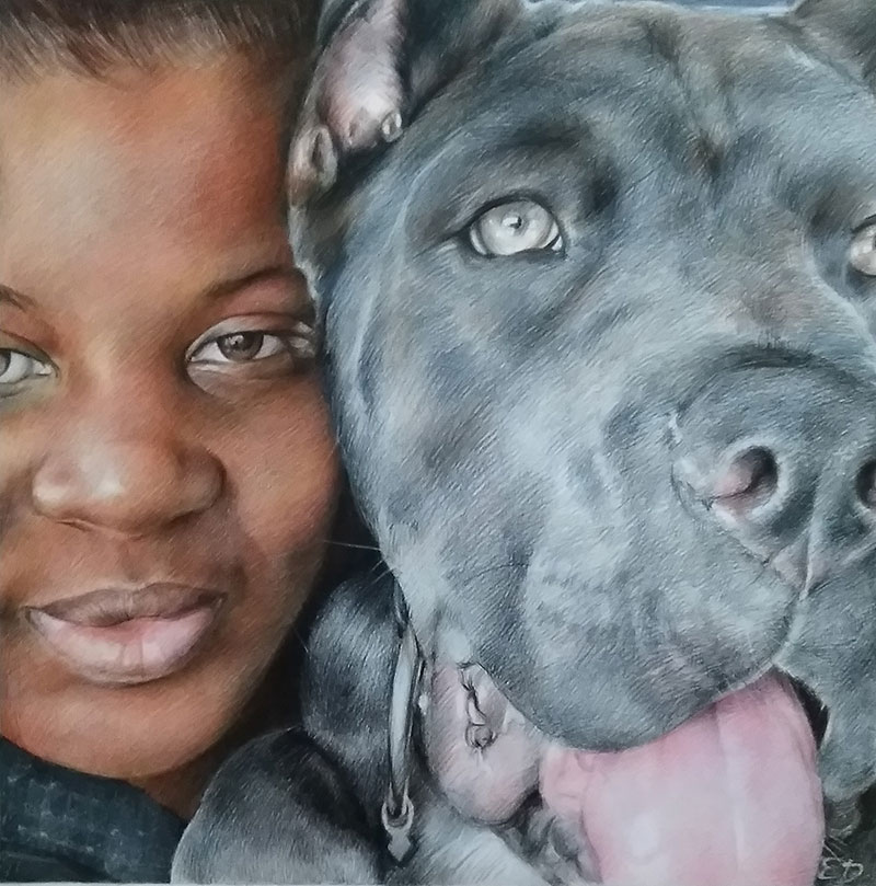 Beautiful close up color pencil drawing of a lady with dog