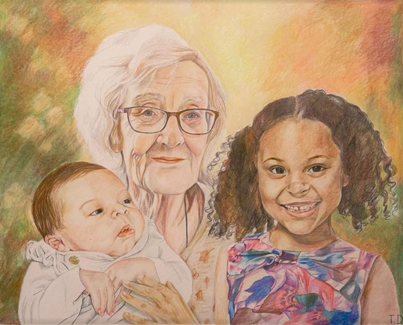 Custom color pencil drawing of grandmother and grandchildren
