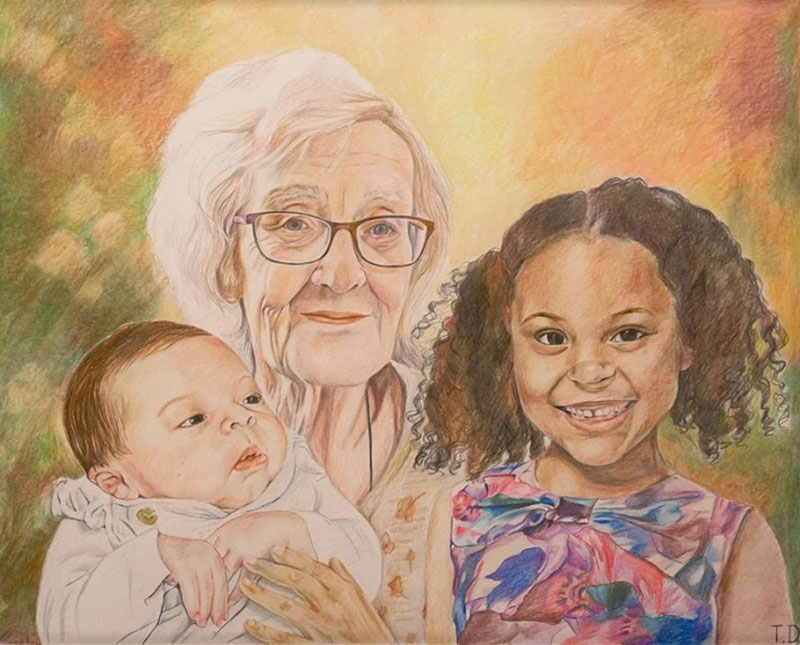 Color pencil portrait of an elderly woman holding a baby, with a young girl beside them.