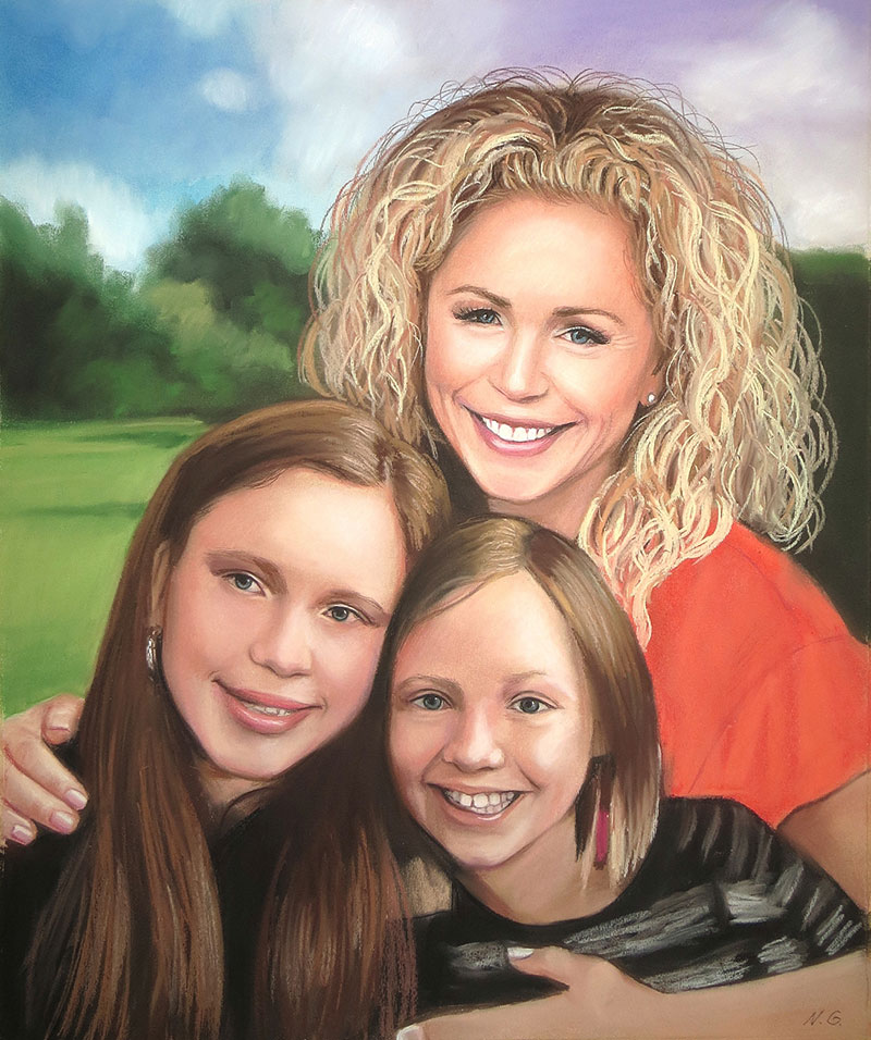 Beautiful handmade pastel painting of a family