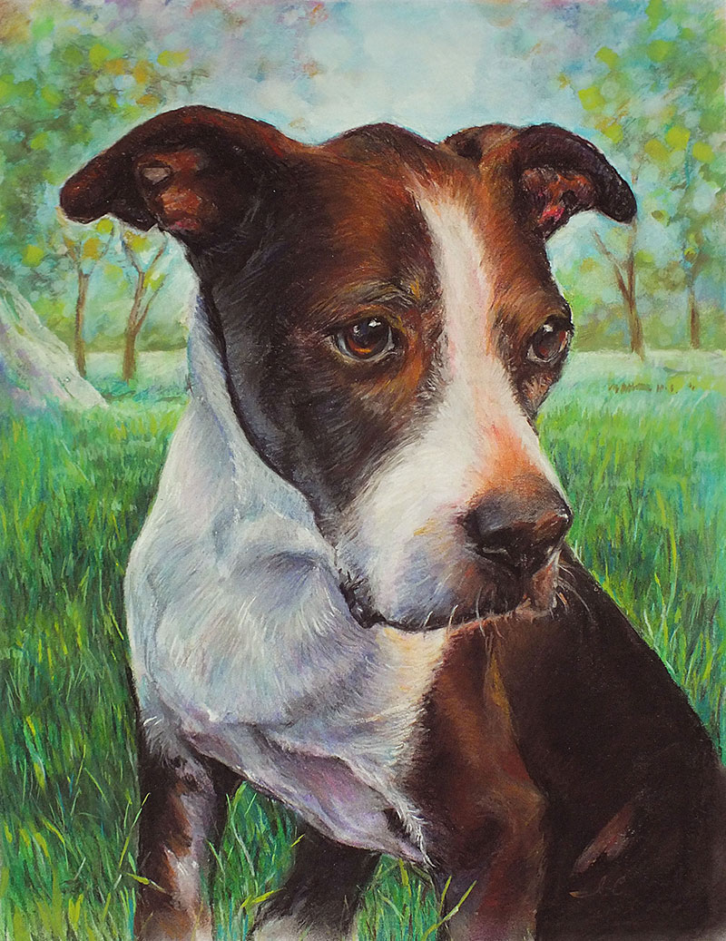 Beautiful close up pastel painting of a dog