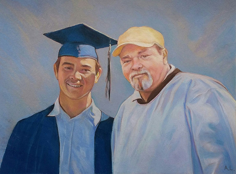 Handmade pastel artwork of a father with a graduate son