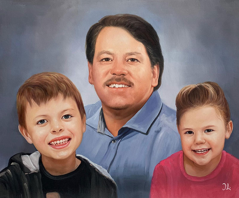Beautiful oil artwork of grandfather with two grandchildren