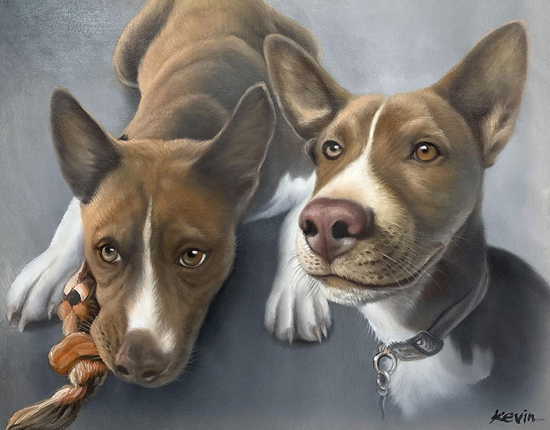 Painting of two brown and white dogs, one holding a rope toy.