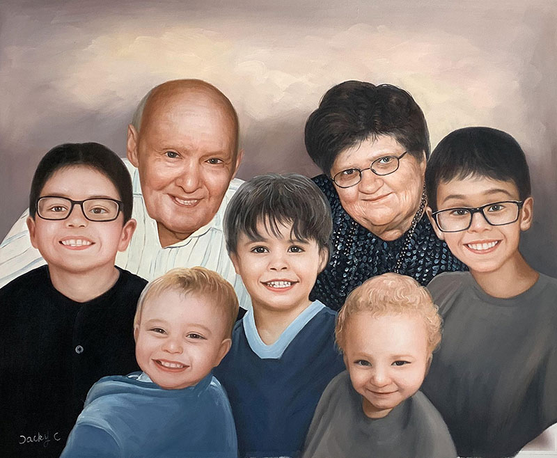 Painted portrait of grandparents with four grandchildren.