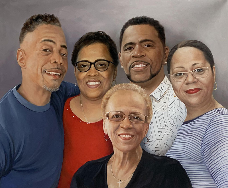 Painted portrait of five smiling Black adults, two men and three women, posing closely together.