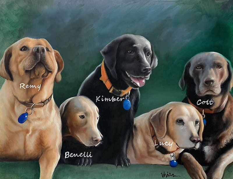 Custom handmade acrylic artwork of five dogs