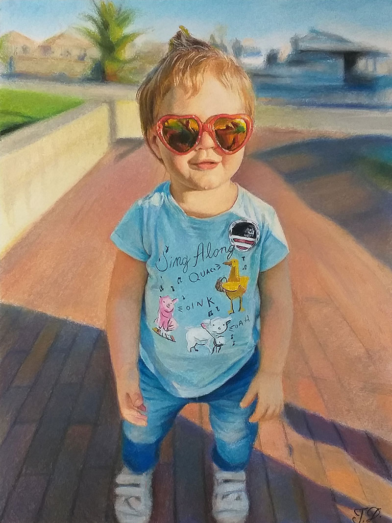 Beautiful pastel portrait of a little girl with sunglasses