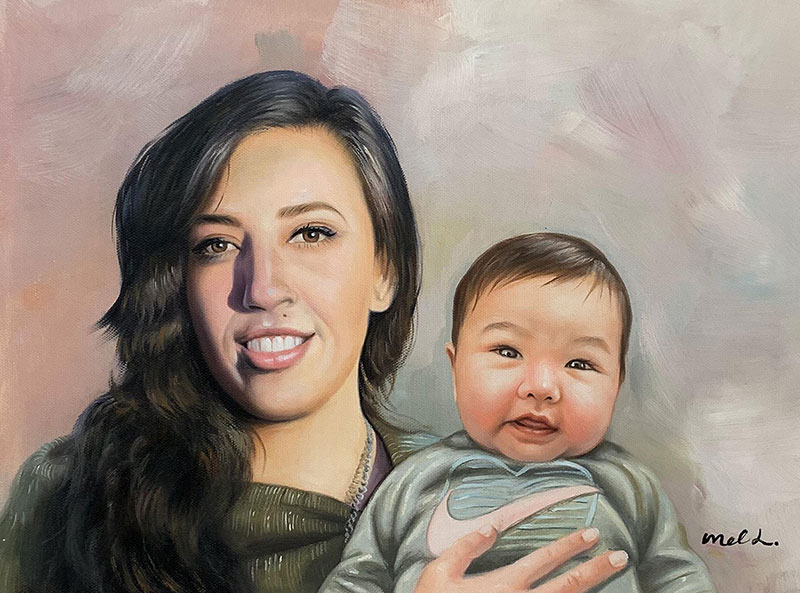 Beautiful realistic oil painting of a mother and son