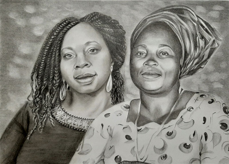 Gorgeous handmade charcoal drawing of a mother and daughter