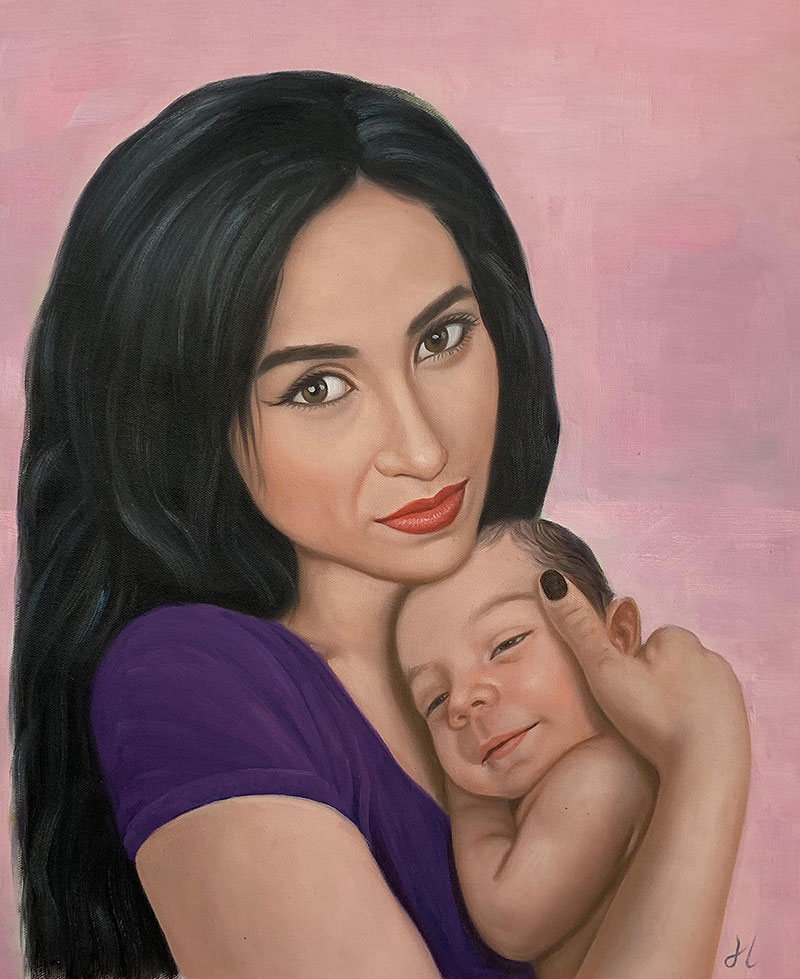 Gorgeous handmade oil portrait of a mother holding a baby