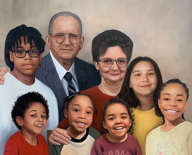 Beautiful acrylic painting of grandparents and grandchildren