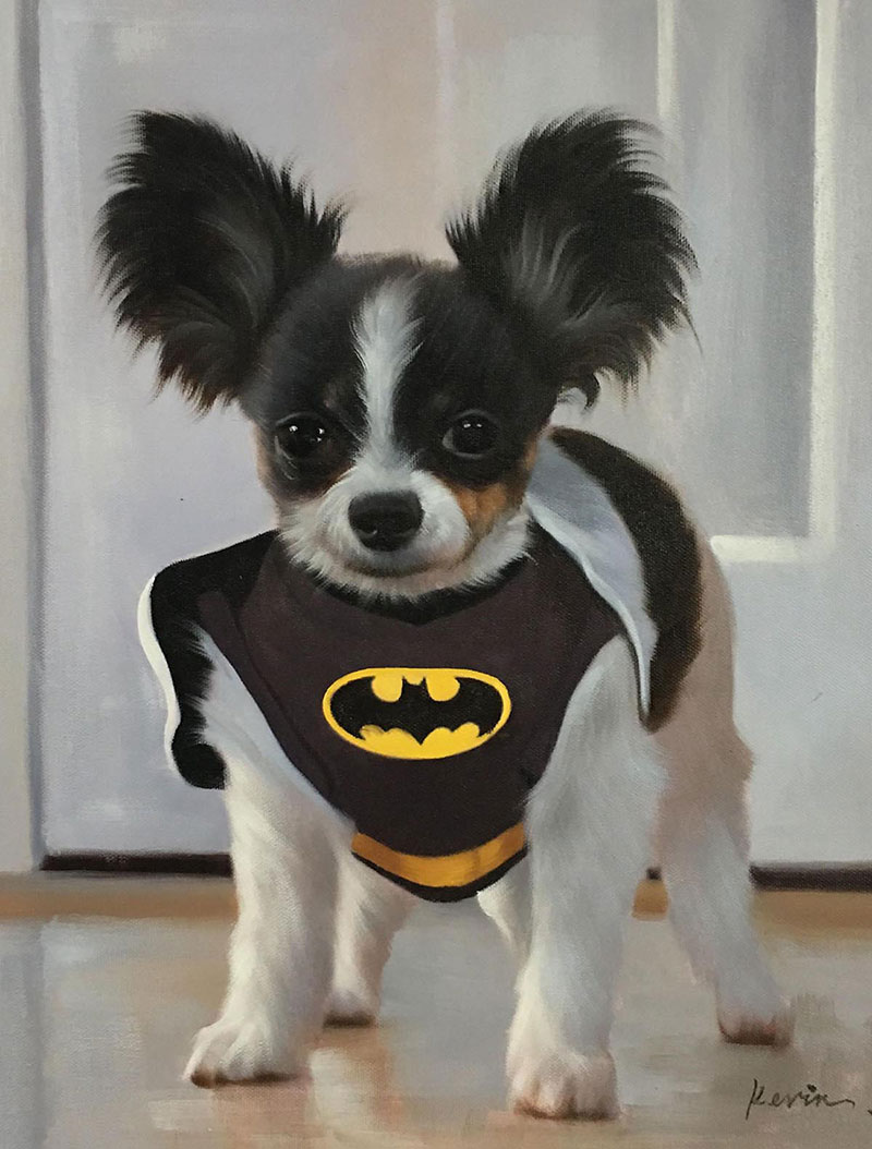 Ritratto cagnolino a carnevale Batman olio da fotografia
