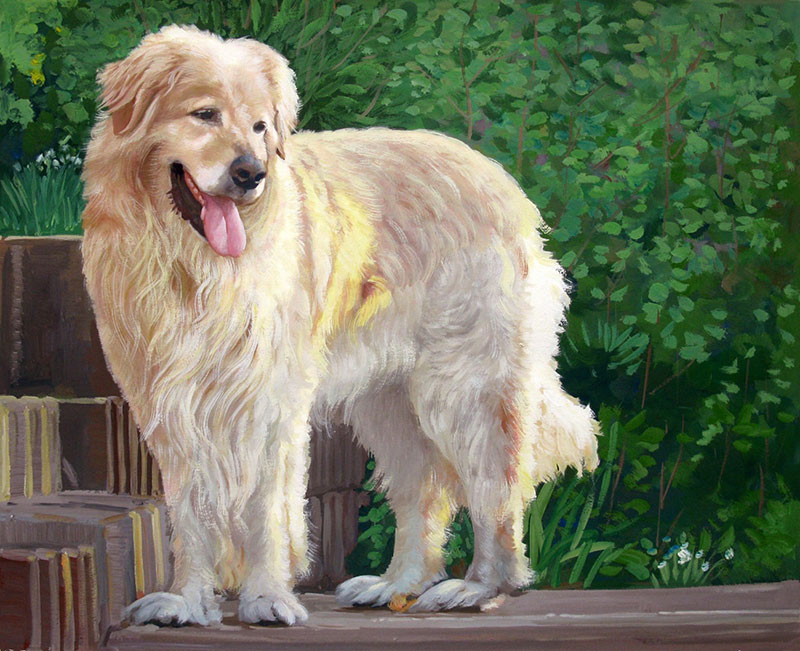 Painting of a long-haired light golden dog standing outdoors.