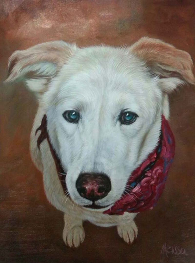 a handmade oil painting of a white dog with blue eyes