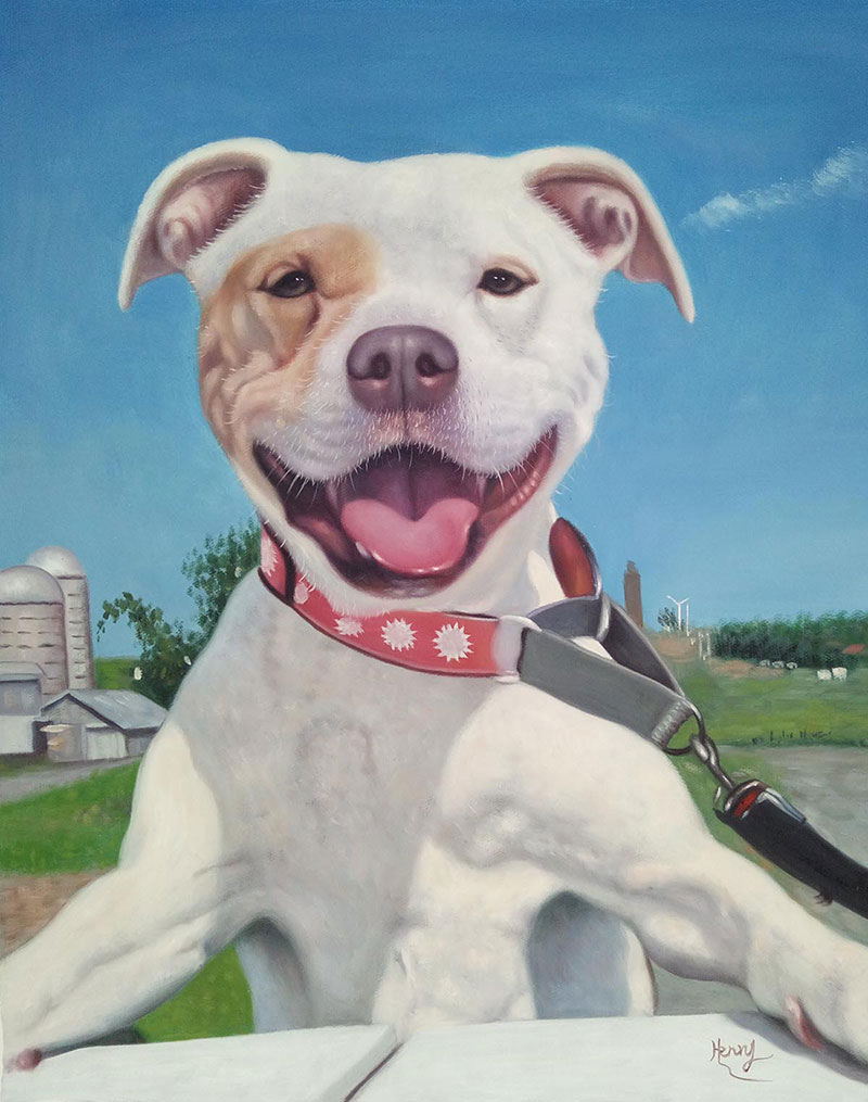 Painting of a smiling white and tan Pit Bull wearing a red collar and leash, in front of a rural landscape.