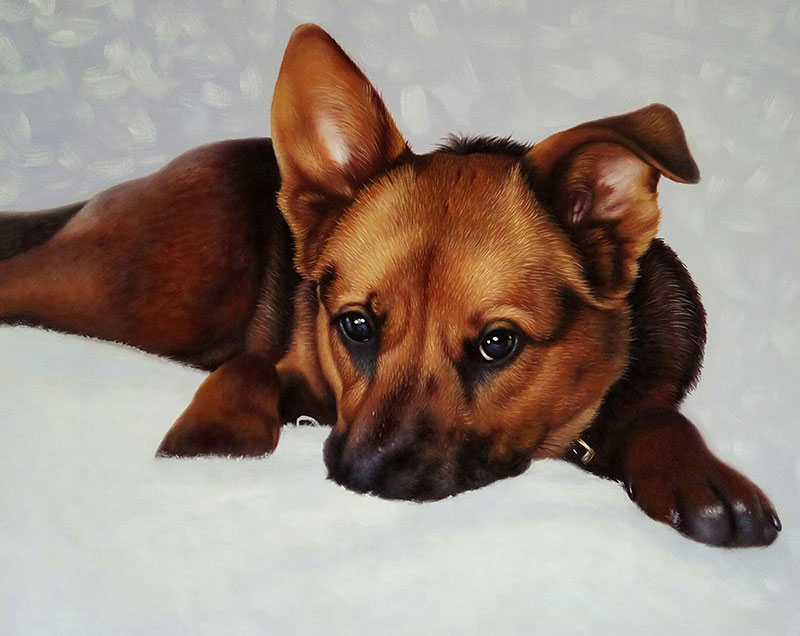 Painting of a brown German Shepherd puppy lying down
