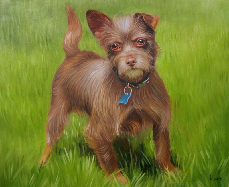 playful dog in nature oil painting