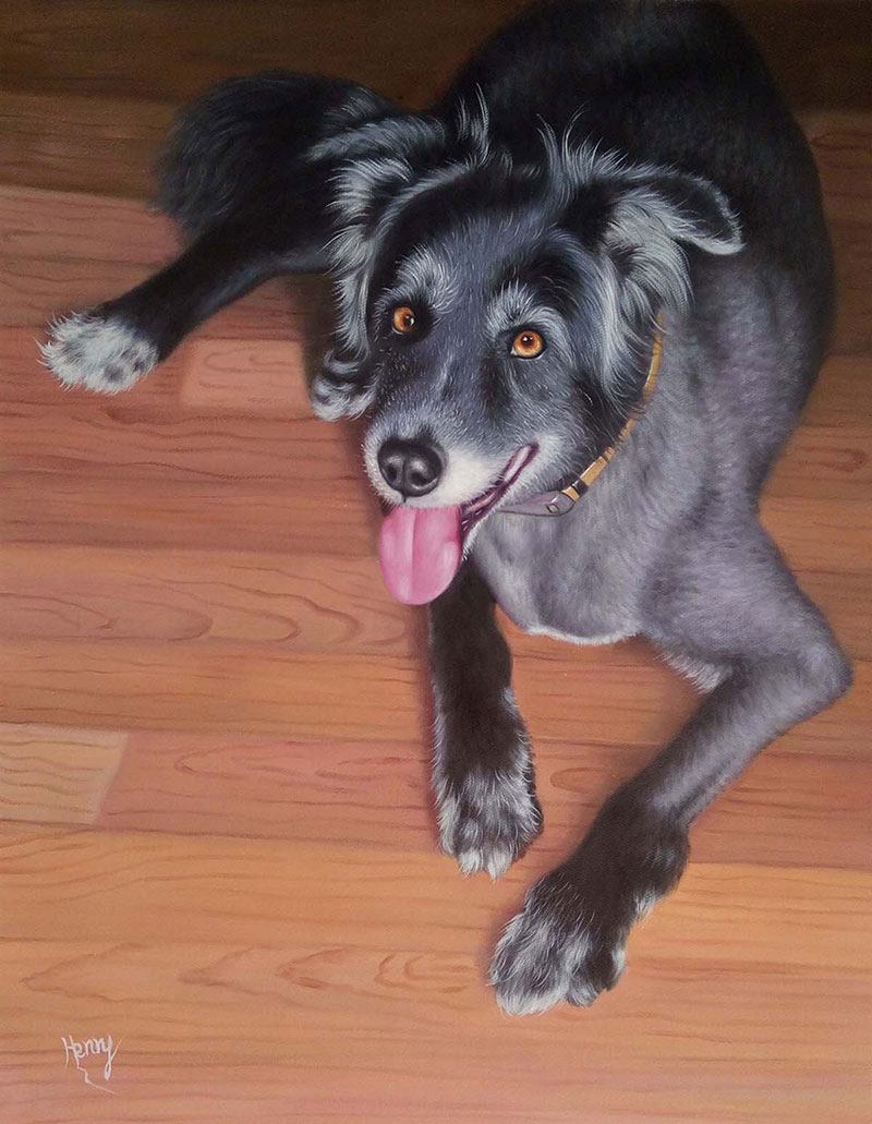 Painting of a happy black dog lying on a wood floor.